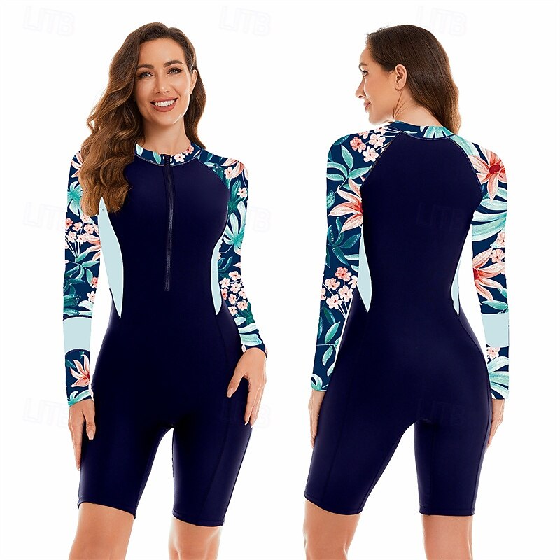 Women's Rash Guard One Piece Swimsuit UV Sun Protection UPF50+ Lightweight Long Sleeve Spandex Bodysuit Bathing Suit Front Zip Swimming Surfing Beach Water Sports Floral Summer Spring Autumn