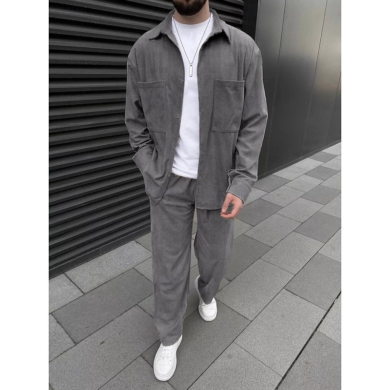 Men's Shirt 2 Piece Shirt Set Matching Sets Casual Shirt Corduroy Shirt Brown Green khaki Gray Light Blue Long Sleeve Solid Color Collar Street Daily Clothing Apparel Fashion Casual Comfortable