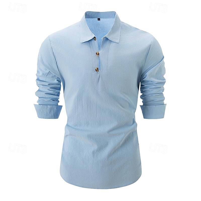 Men's Shirt Linen Shirt Popover Shirt Summer Shirt Beach Wear Plain Casual Daily Black White Light Blue Long Sleeve Collar Spring & Summer Clothing Apparel