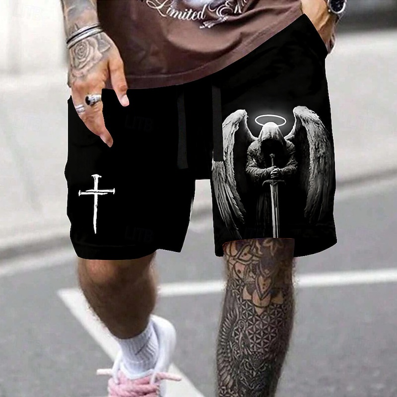 Men's Knights Templar Cross Religion Sweat Shorts Beach Shorts Terry Shorts Mid Waist Vintage Casual Daily Holiday Streetwear Drawstring Elastic Waist 3D Print Designer Clothing Apparel