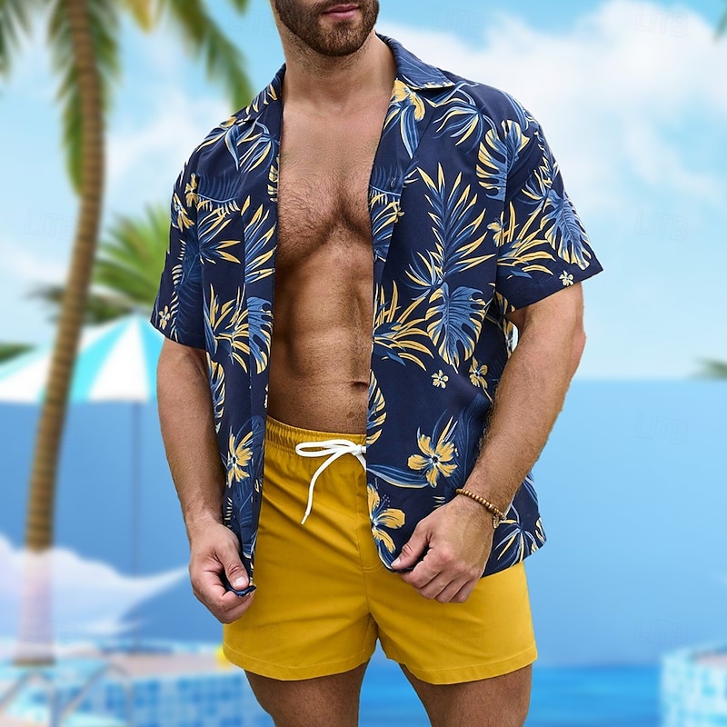 Men's Palm Leaf Casual Shirt Aloha Shirt Short Sleeve Hawaiian Resort Vacation Casual Summer Spring Turndown Button Up Blue