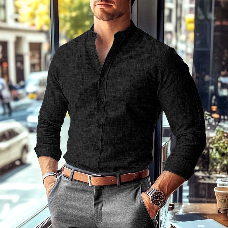 Men's Shirt Band Collar Shirt Summer Shirt Dress Shirt Button Up Shirt Solid Color Work Wear to work Black White Pink Blue Long Sleeve Collar Clothing Apparel4