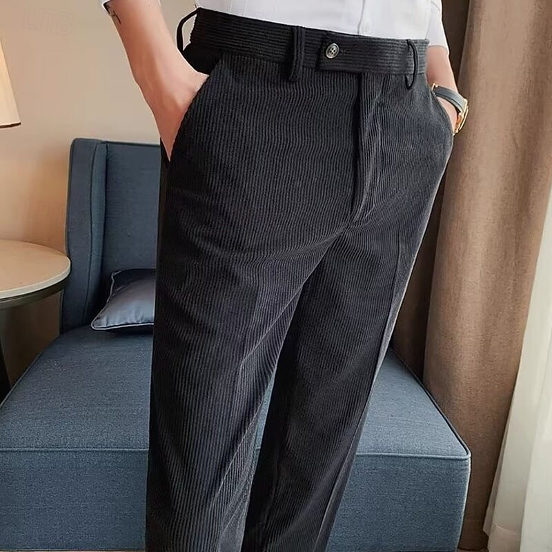 Men's Graduation Dress Pants Corduroy Pants Naples Trousers Trousers Buttons Pocket Solid Color Comfort Formal Party Work Fashion Classic Style Black Beige Micro-elastic3