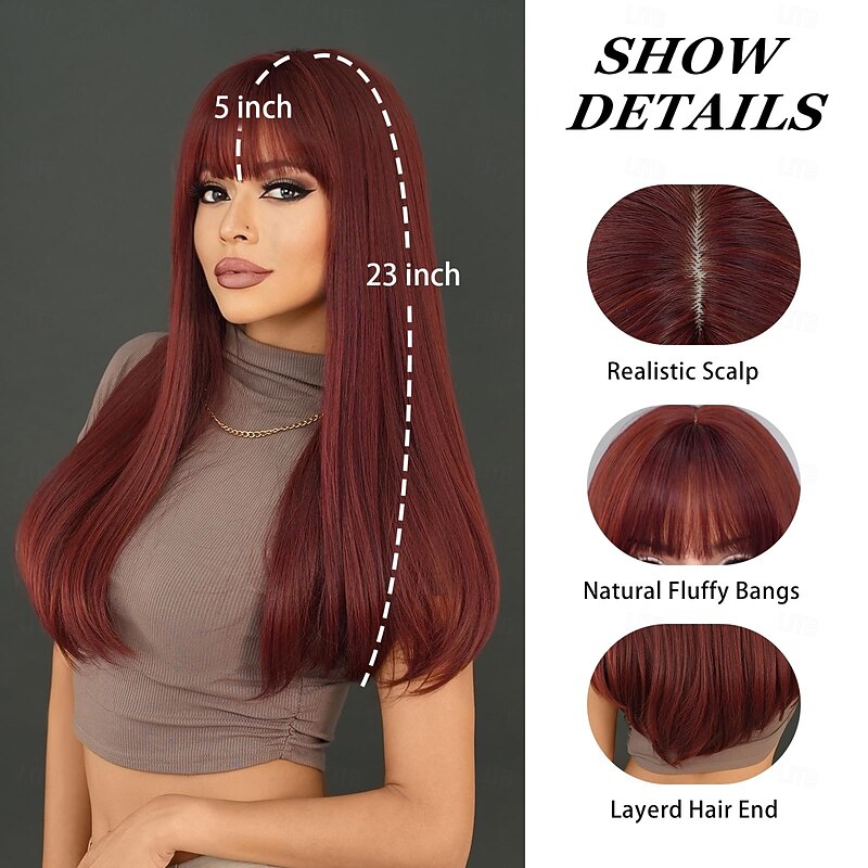 Long Straight Wig with Bangs Synthetic Layered Wig Natural Maroon  Hair Heat Resistant Wigs for Women Daily Party Use3