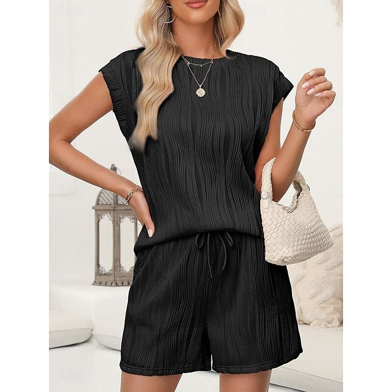 Women's Pajama Set Casual Comfort Pure Color Pocket Elastic Waist T Shirt Shorts Home Daily Short Sleeve Crew Neck Black White Pink Summer Spring Fall Regular Fit3