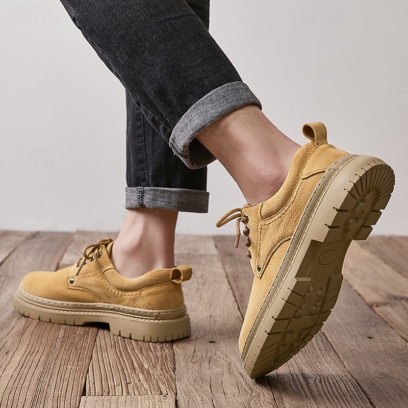 Men's Tan Suede Faux Leather Lace-Up Work Shoes with Rugged Sole – Durable Casual Footwear for Work, Hiking, and Everyday Wear2