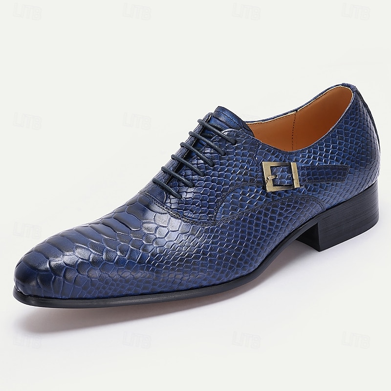 Men's Premium Cowhide Leather Dress Shoes with Snakeskin Texture, Lace-Up Design and Buckle Detail, Stylish Formal Shoes for Business, Weddings, and Special Occasions2