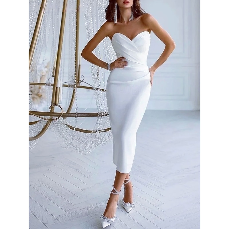 Engagement Little Graduation White Dresses Wedding Dresses Mermaid / Trumpet Sweetheart Sleeveless Ankle Length Satin Bridal Gowns With Ruched4