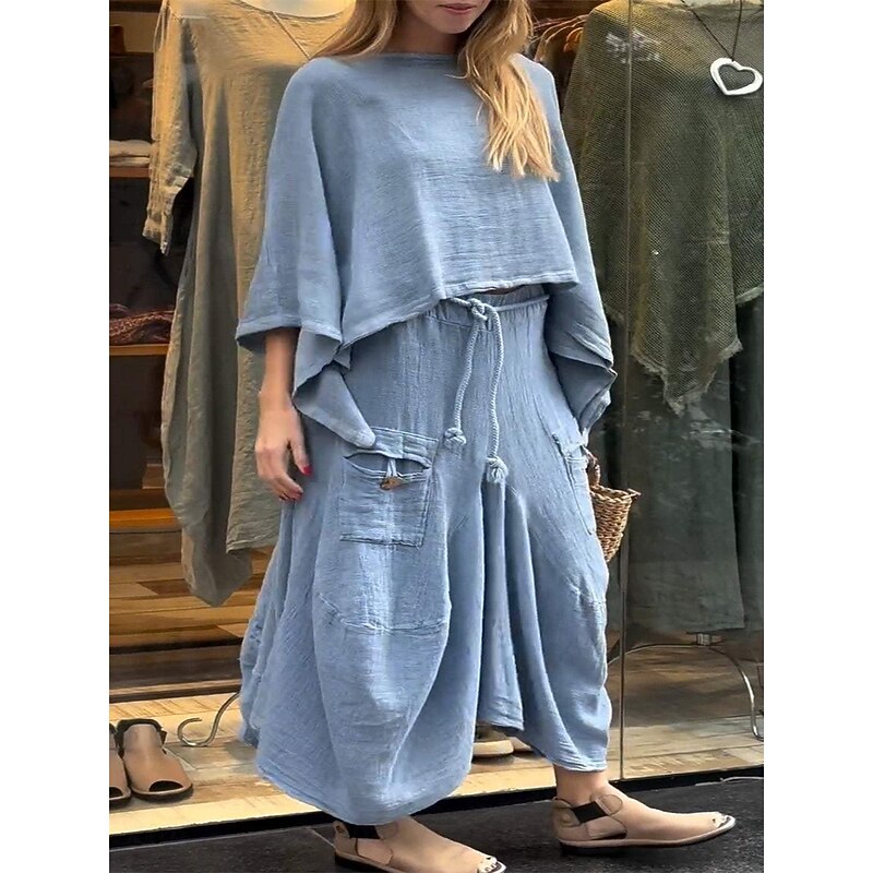Women's Dress Set Casual Dress Skirt Set Casual Plain Pocket Midi Dress 3/4 Length Sleeve Crew Neck Outdoor Daily Blue Spring Fall Loose Fit3