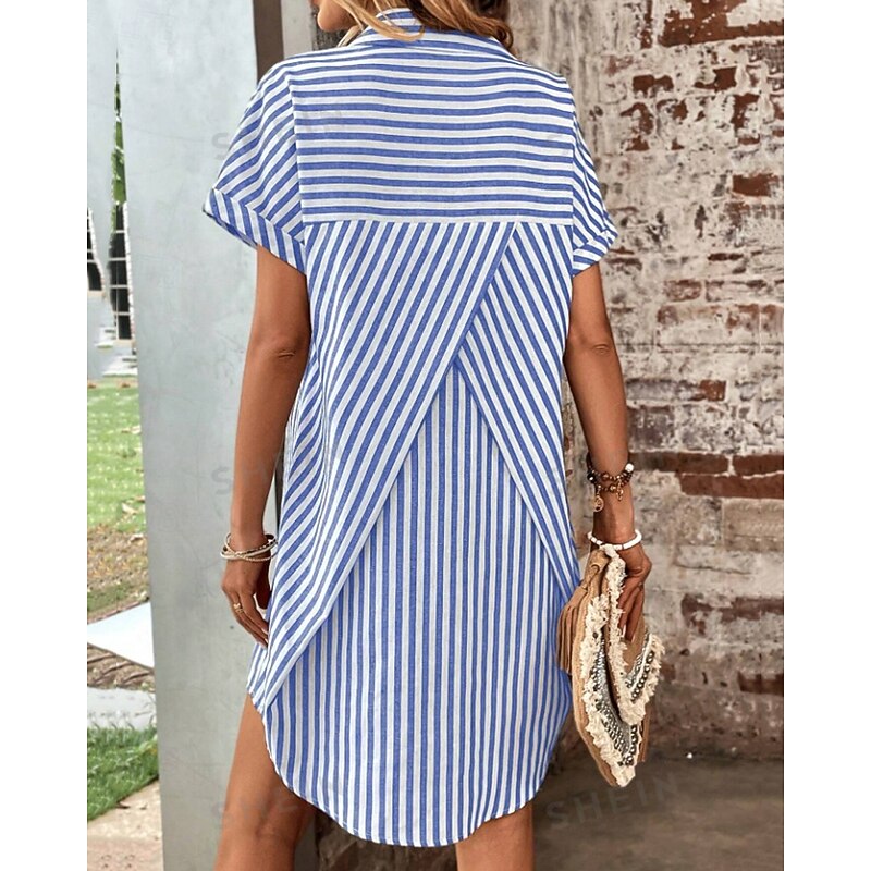 Women's Mini Dress Shirt Dress Casual Dress Summer Dress Stylish Casual Vacation Daily Date Regular Fit Stripe Short Sleeve Lapel Black Blue Summer Spring4