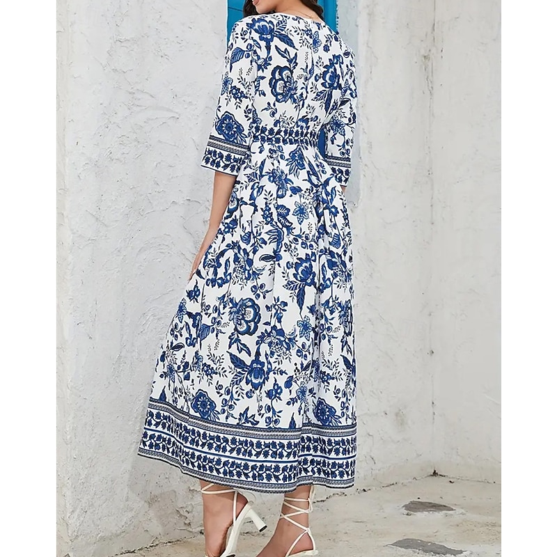 Women's Midi Dress A Line Dress Summer Dress Boho Dress Elegant Stylish Ethnic Vacation Daily Date Regular Fit Floral 3/4 Length Sleeve V Neck Blue Summer4