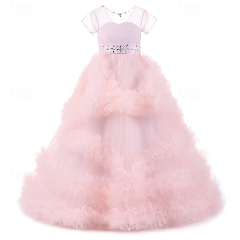 Flower Girl Dress Kid's Girls' Princess Dress Performance Wedding Party Elegant Beautiful Mesh Solid Color Sleeveless Off Shoulder White Pink 4 years+4