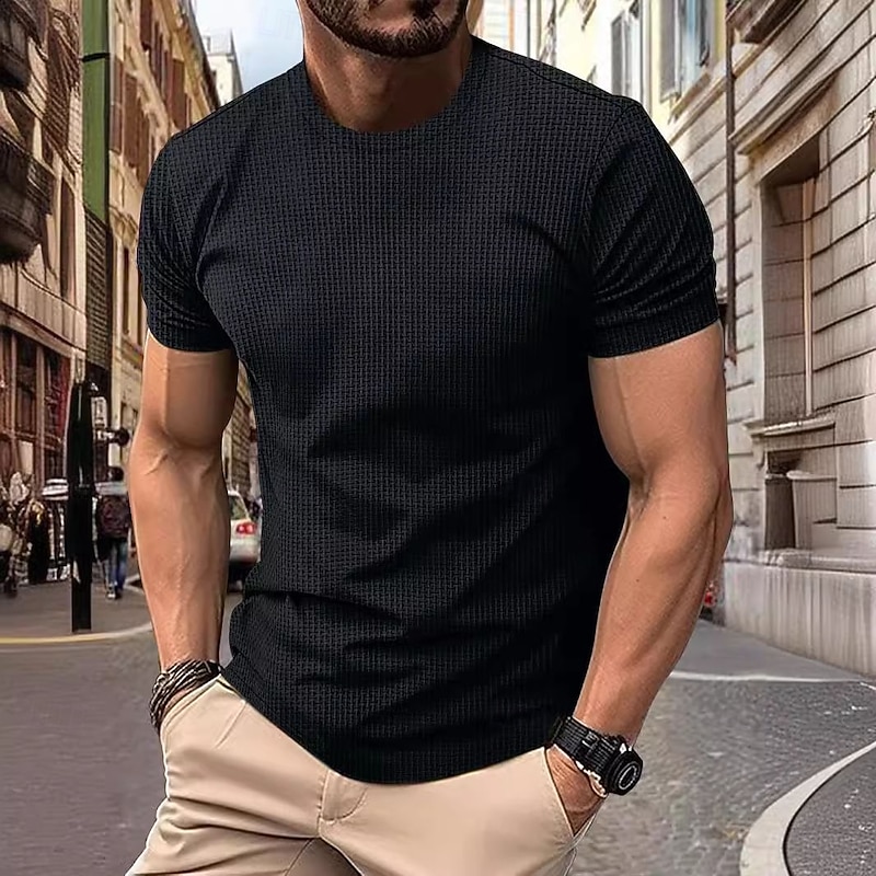 Men's Waffle Tee Cool Shirt Tee Top Short Sleeve Crew Neck Summer Striped Fashion Crewneck Work Office / Career Casual Black White Gray Top Tee for Men4