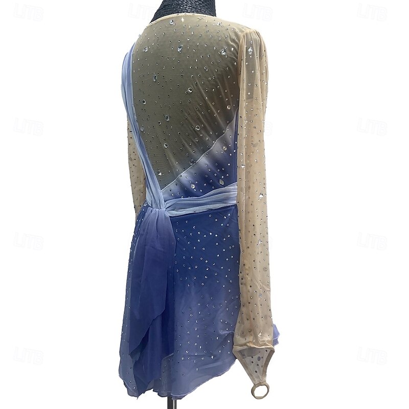 Figure Skating Dress Women's Girls' Ice Skating Dress Purple Patchwork Thumbhole Mesh Spandex Stretchy Training Practice Professional Skating Wear Crystal / Rhinestone Long Sleeve Figure Skating4