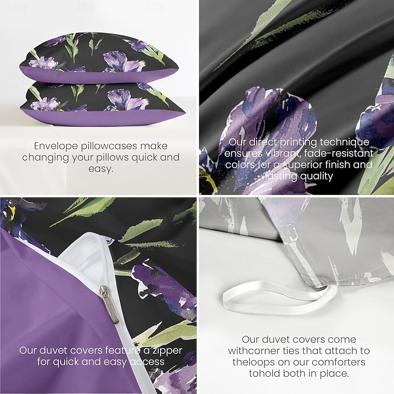 Purple Black Floral Series Duvet Cover Set King Queen Size 3-Piece Set Microfiber Bedding Set Perfect for Mother's Day Gift Super Soft Skin Friendly Long Lasting3