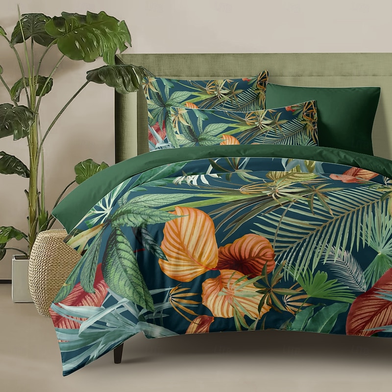 Tropical Plant Style Duvet Cover Set 100% Cotton Soft and Breathable Bedding Featuring Lush Tropical Foliage Prints Lightweight and Durable Quilt Cover Comfortable for All Seasons Easy to Care