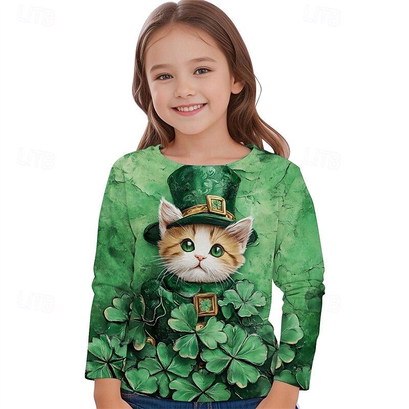 St. Patrick Girls' 3D Graphic Animal Cat T shirt Tee Long Sleeve Spring Fall Fashion Basic Kids 4-12 Years Crew Neck Outdoor Casual Daily Regular Fit