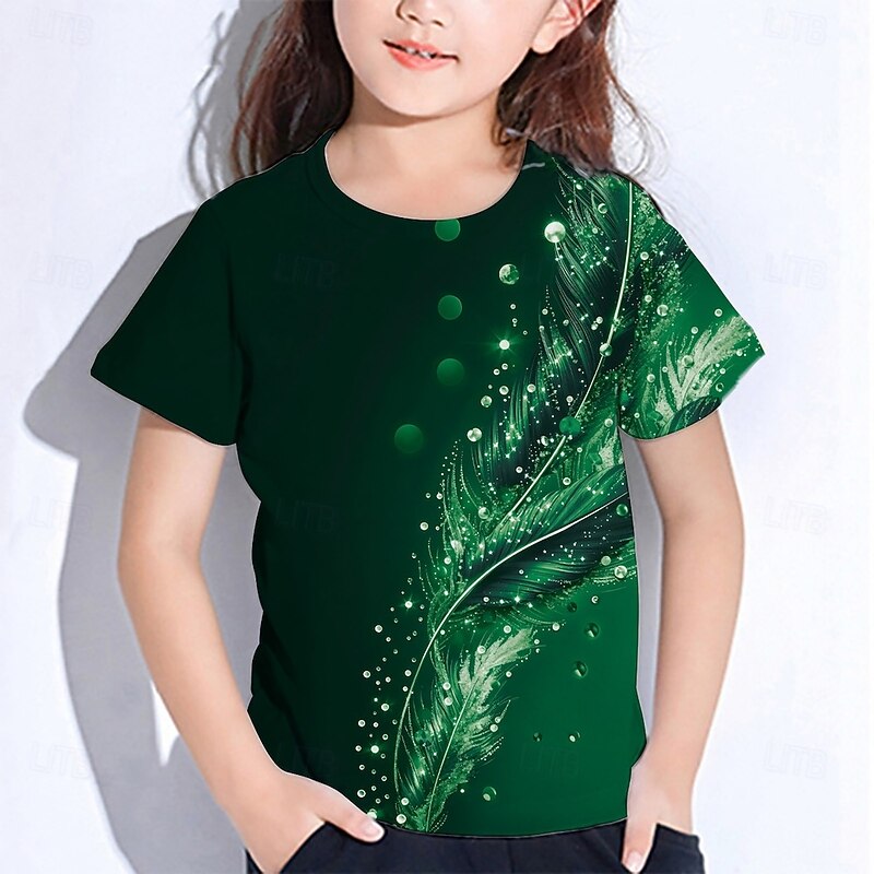 Girls' 3D Graphic Feathers T shirt Tee Short Sleeve Summer Spring Fashion Basic Kids 4-12 Years Crew Neck Outdoor Casual Daily Regular Fit3
