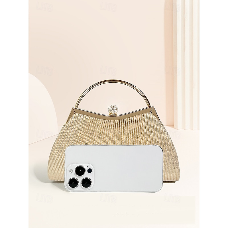 Women's Gold Pleated Evening Handbag with Crystal-Embellished Handle – Elegant Party Bag for Weddings and Formal Events Silver Black Pink4