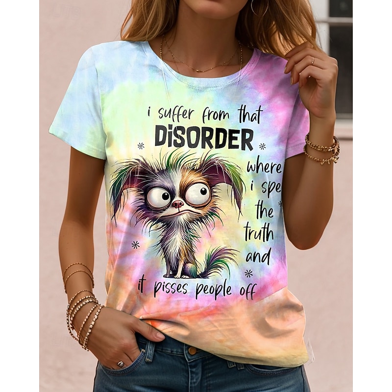 Women's T Shirt Animal Letter Casual Short Sleeve Round Neck Regular Tops Daily Print Pink Summer