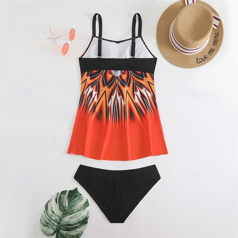 Women's Tankini Two Piece Swimsuit V Neck Racerback Swimwear Swimwear Orange Green Breathable Quick Dry Lightweight Sleeveless - Swimming Surfing Beach Summer Spring Plus Size3