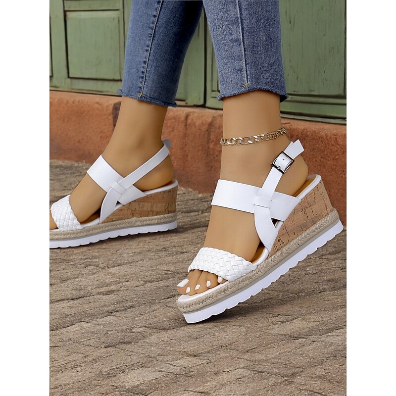 Women's Black Wedge Sandals with Cork Platform, Braided Strap and Adjustable Buckle for Casual Summer Outings3