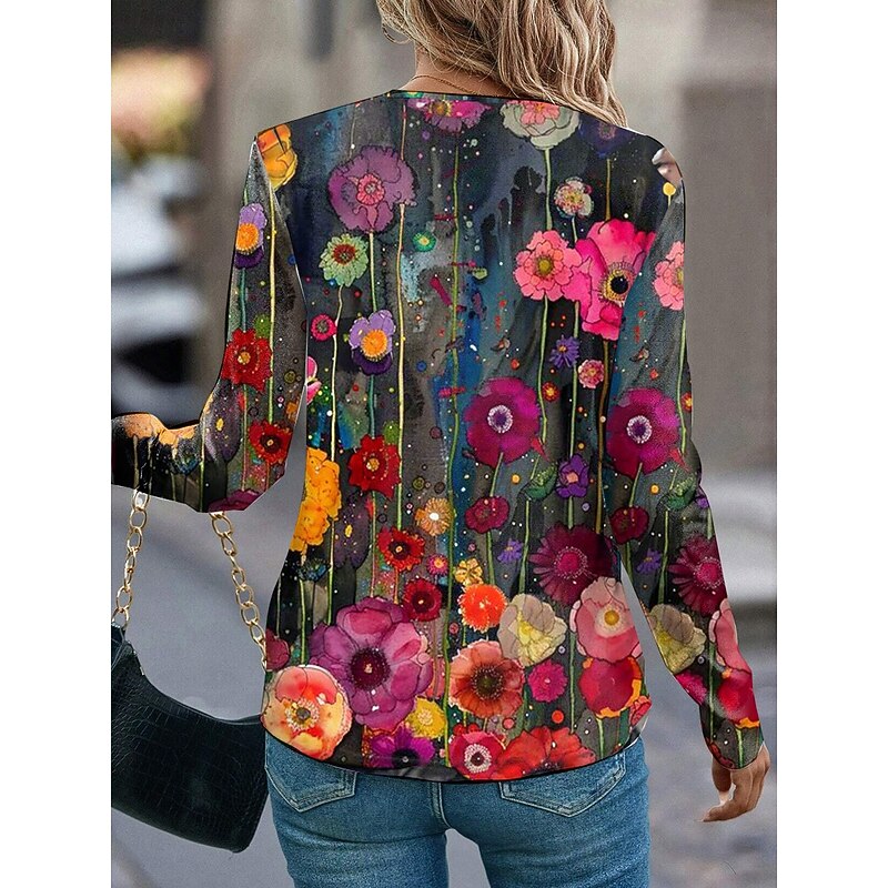 Women's T shirt Crew Neck Long Sleeve Tunic Oil painting flowers Casual  Regular Tops Daily Print Black Spring Fall3