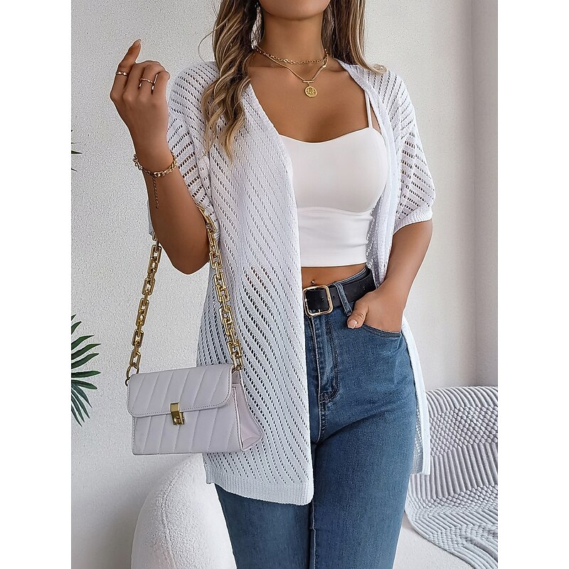 Women's Cardigan Cable Knit Sweater Streetwear Daily Stylish Pure Color Cable Crochet Open Front Mesh Knitted Drop Shoulder Short Sleeves Long Tops Knit Home Party Daily White Pink Summer Spring - Main Image