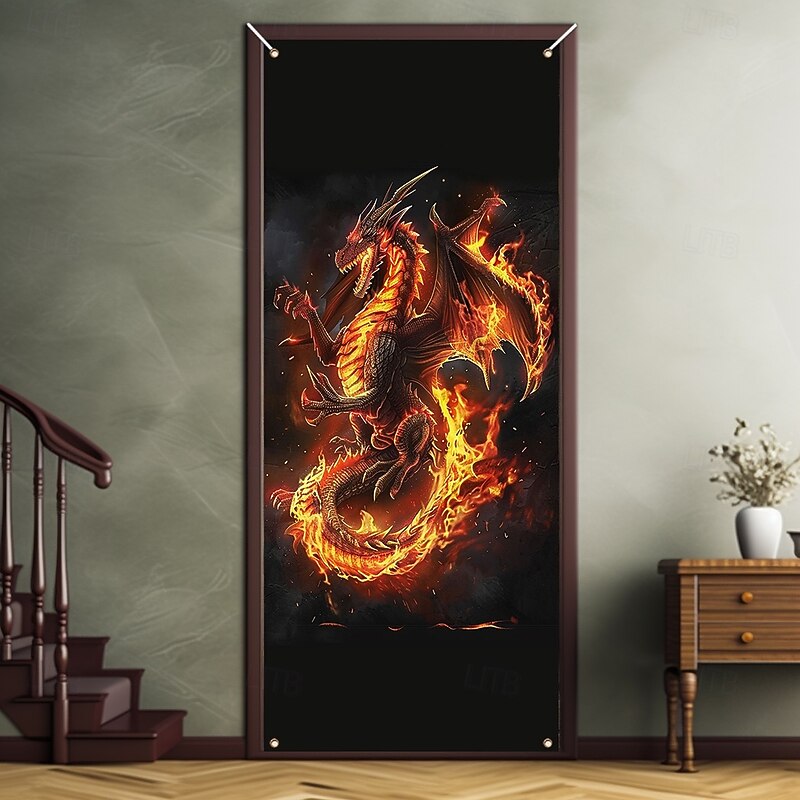 Animal Door Decorations Door Covers Fire Dragon Door Tapestry Door Curtain Decoration Backdrop Indoor/Outdoor Door Banner for Front Door Farmhouse