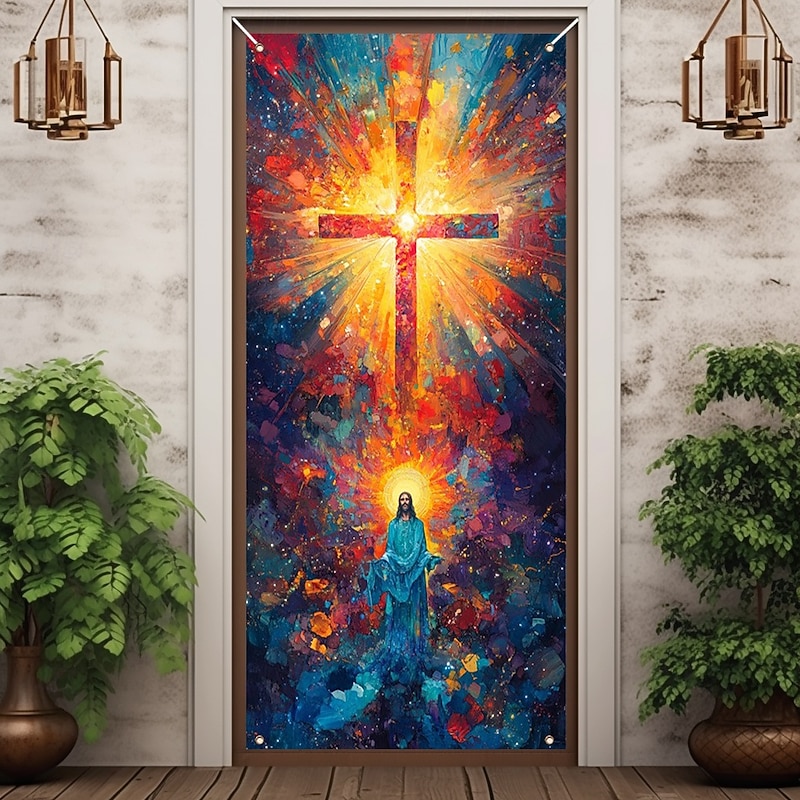 Door Decorations Door Covers Jesus Cross Door Tapestry Door Curtain Decoration Backdrop Indoor/Outdoor Door Banner for Front Door Farmhouse