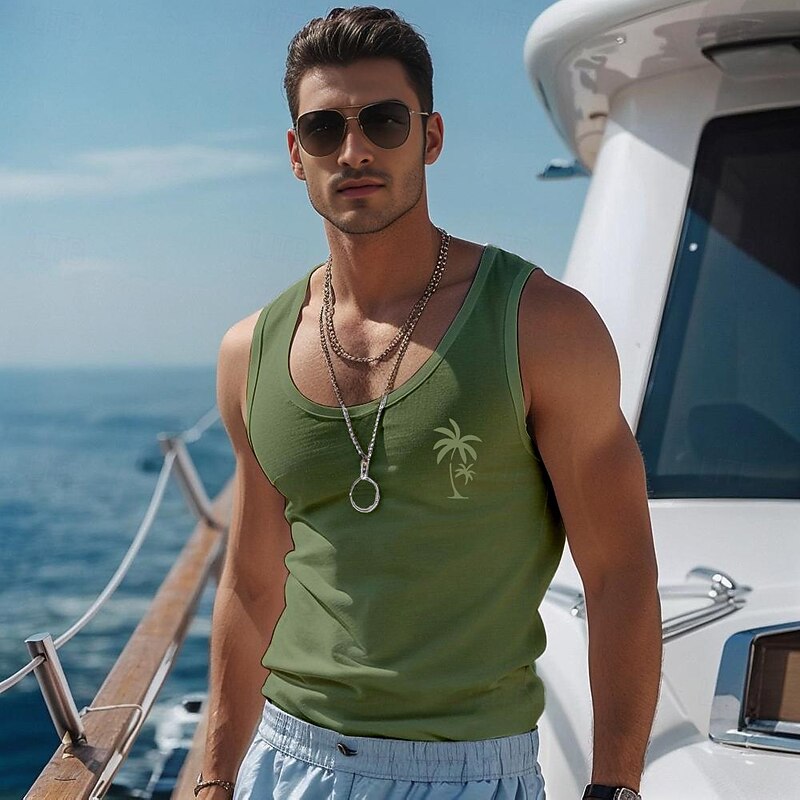 Men's Coconut Palm T Shirt Vest Top Sleeveless T shirt 3D Print Crew Neck Shirt Vacation Casual Hawaiian Holiday Light Blue Black White Summer Spring Clothing Apparel S M L XL XXL XXXL3