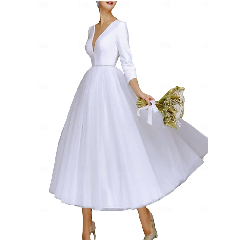 Engagement Little White Dresses Wedding Dresses A-Line V Neck 3/4 Length Sleeve Ankle Length Tulle Bridal Gowns With Pleats Crystal Brooch4