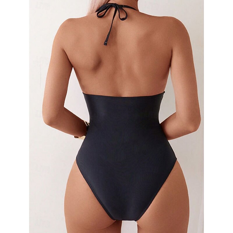 Women's Swimwear One Piece Monokini Swimsuit Mesh Backless Tummy Control High Waist Slim Vacation Beach Wear Solid Color V Neck Sleeveless Bathing Suits2