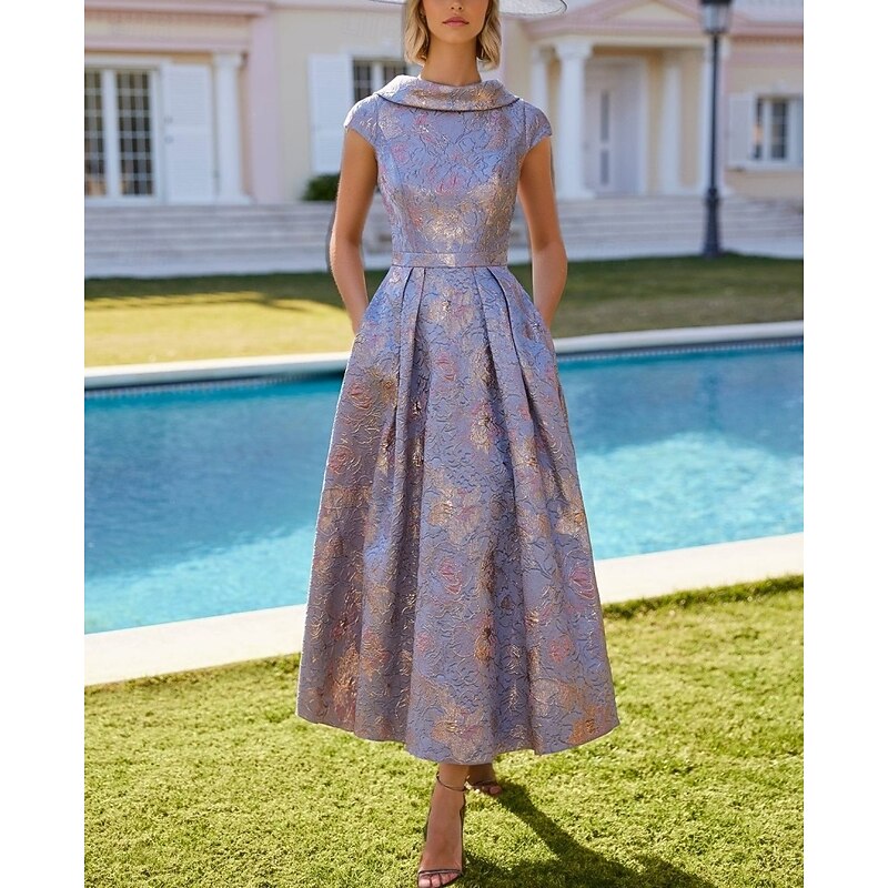 Floral A-Line Dress Mother of the Bride Dress Elegant Vintage V Neck Ankle Length Polyester Short Sleeve with Embroidery Jacquard Race Day Dress Wedding Guest Dress4