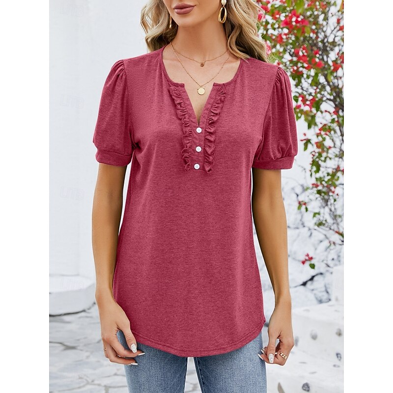 Women's T Shirt Plain Basic Casual Short Sleeve V Neck Regular Tops Daily Weekend Ruffle Buttons Wine Green Summer4