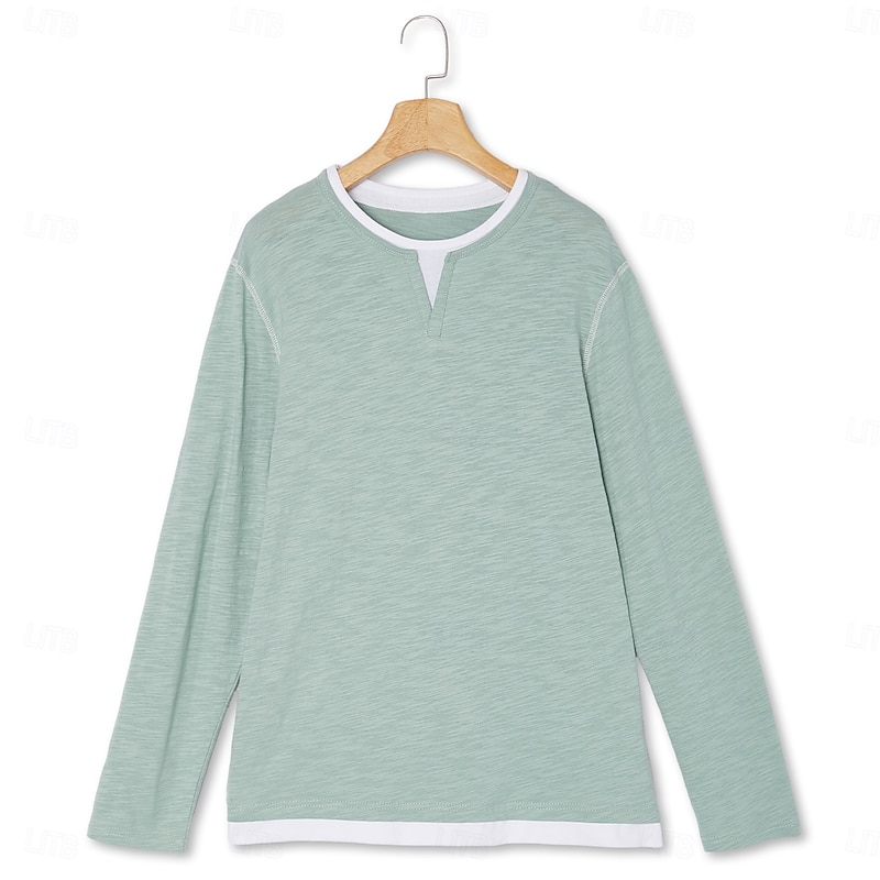 100% Cotton Men's T-Shirt V Neck Tee Long Sleeve Shirt Solid Color V Neck Outdoor Street Long Sleeve Fake two piece Cotton Tee Daily Casual Street Style2