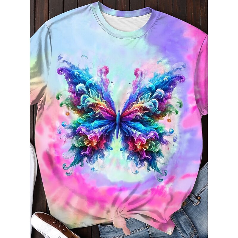 Women's T Shirt Butterfly Tie Dye Casual Short Sleeve Round Neck Regular Tops Daily Print Purple Summer