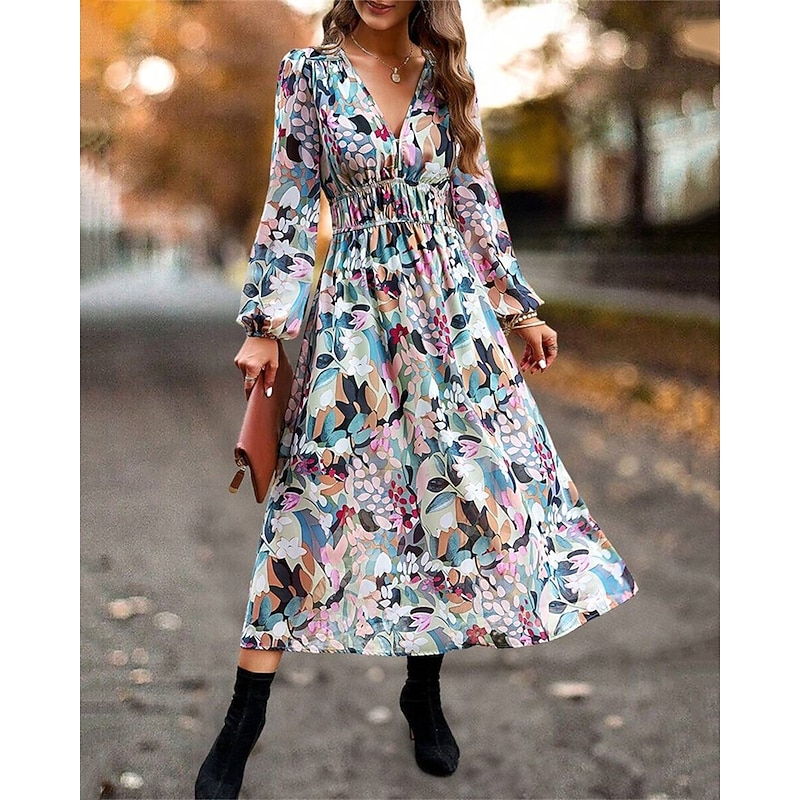 Women's Long Dress Maxi Dress Casual Dress A Line Dress Floral Dress Summer Dress Elegant Stylish Vacation Daily Date Regular Fit Floral Long Sleeve V Neck Pink Light Blue Summer4