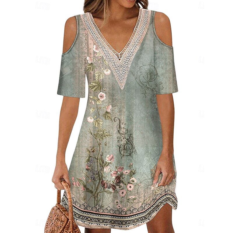 Women's Long Dress Maxi Dress A Line Dress Boho Dress Elegant Stylish Casual Vacation Daily Regular Fit Floral Short Sleeve V Neck Red Blue Purple Green Summer Spring2