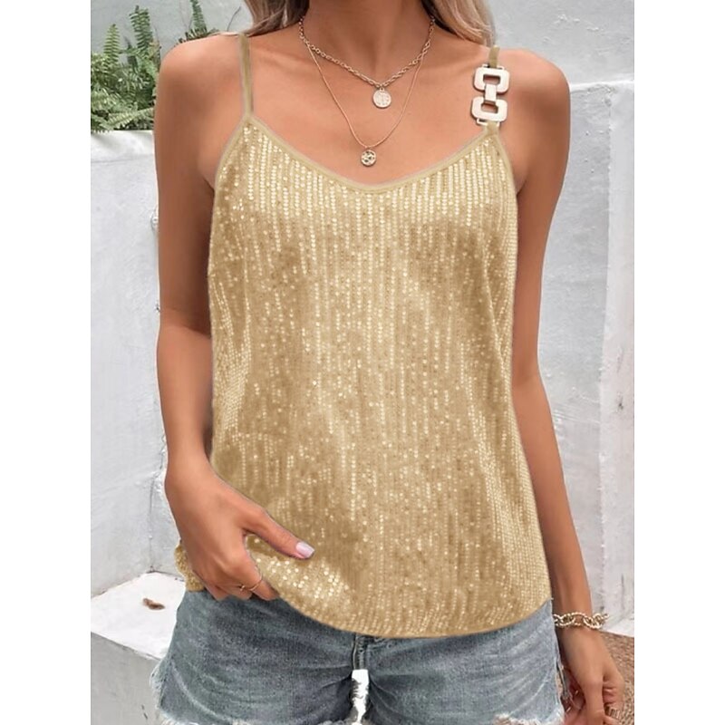 Women's Camisole Tank Top Solid Color Stylish Casual Sleeveless Strap Regular Tops Daily Sequins Backless Silver Black Beige Summer4