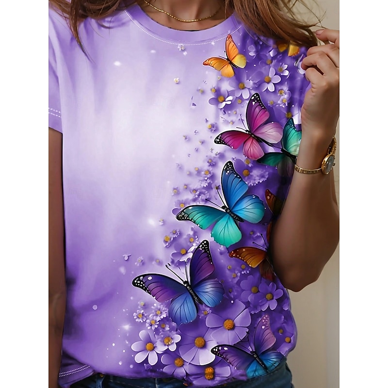 Women's T Shirt Butterfly Casual Short Sleeve Round Neck Regular Tops Daily Print Purple Summer3