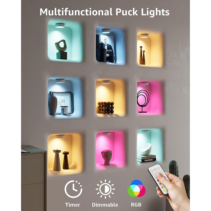 Rechargeable Puck Lights with Remote Control, 1600mAh Rechargeable USB, Battery Powered Cabinet Lights, Magnetic Stick-On LED Tap Light for Cabinets, Wardrobe, 1PACK4