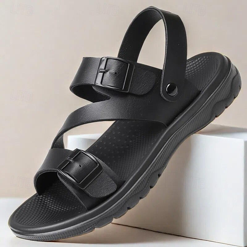 Men's Black Buckle Strap Sandals – Adjustable, Comfortable Footwear for Casual and Outdoor Activities