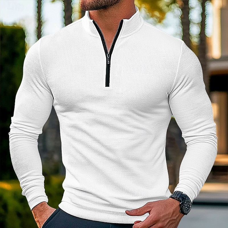 Men's Waffle Polo Shirt Quarter Zip Polo Outdoor Leisure Home Quarter Zip Long Sleeve Fashion Modern Solid Color Knit Spring and Autumn Fitted Cut2
