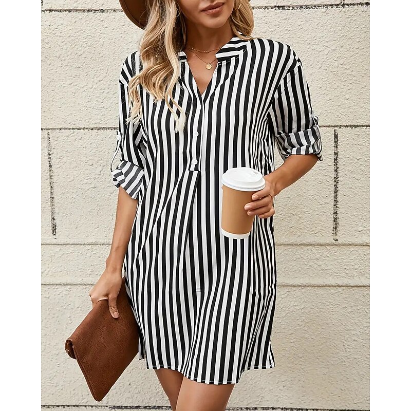Women's Mini Dress Shirt Dress Casual Dress Summer Dress Stylish Casual Vacation Daily Date Regular Fit Stripe Long Sleeve V Neck Black Blue Summer Spring