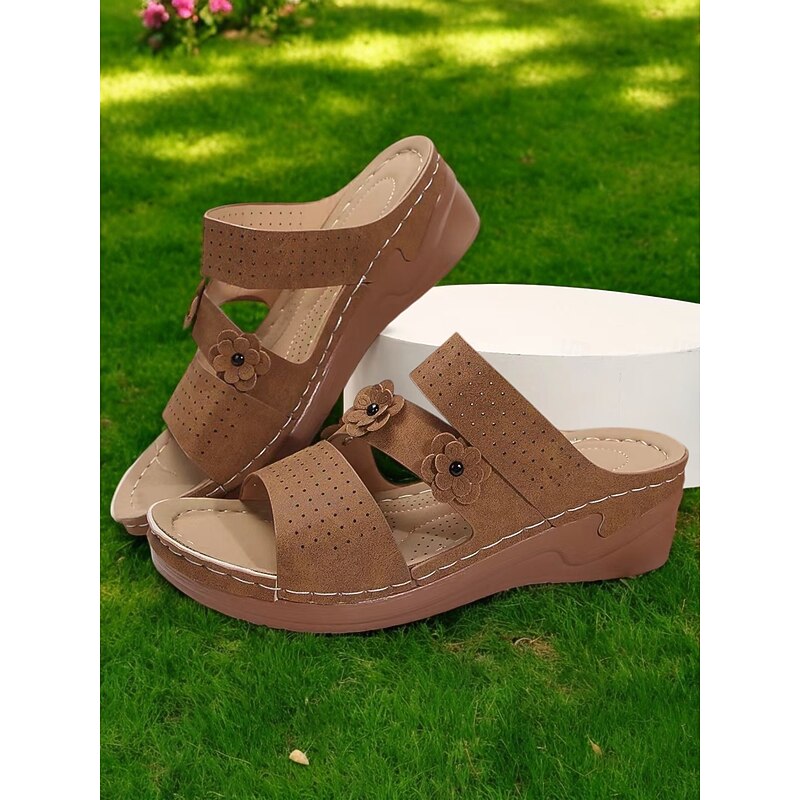 Women's Brown Perforated Wedge Sandals with Floral Accents and Open Toe Design - Comfortable Summer Footwear for Casual Outings and Daily Wear4