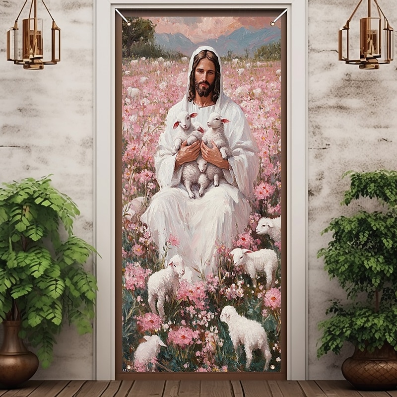 Door Decorations Door Covers Jesus Sheeps Door Tapestry Door Curtain Decoration Backdrop Indoor/Outdoor Door Banner for Front Door Farmhouse - Main Image