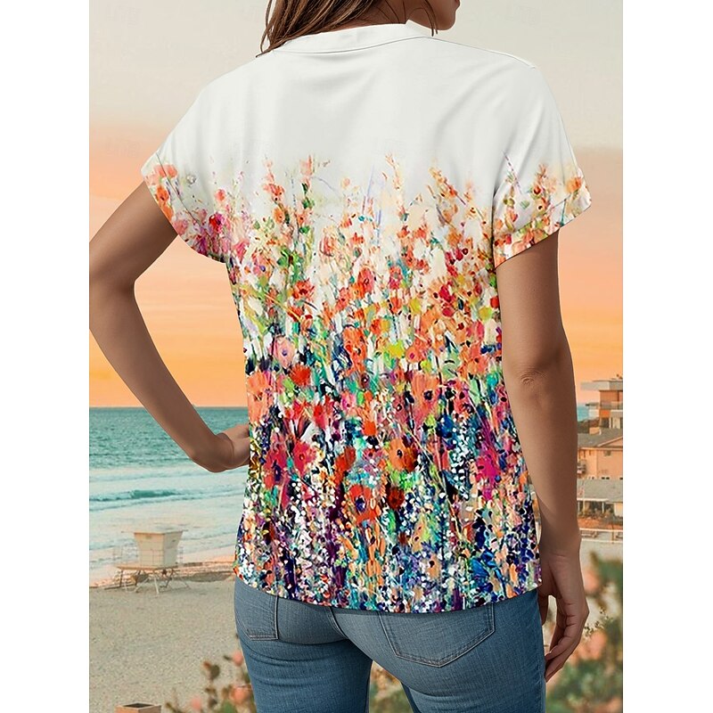 Women's Shirt V Neck Button Down Blouse Floral Graphic Stylish Beach Short Sleeve Shirt Collar Regular Tops Daily Buttons Print Orange Spring Fall2