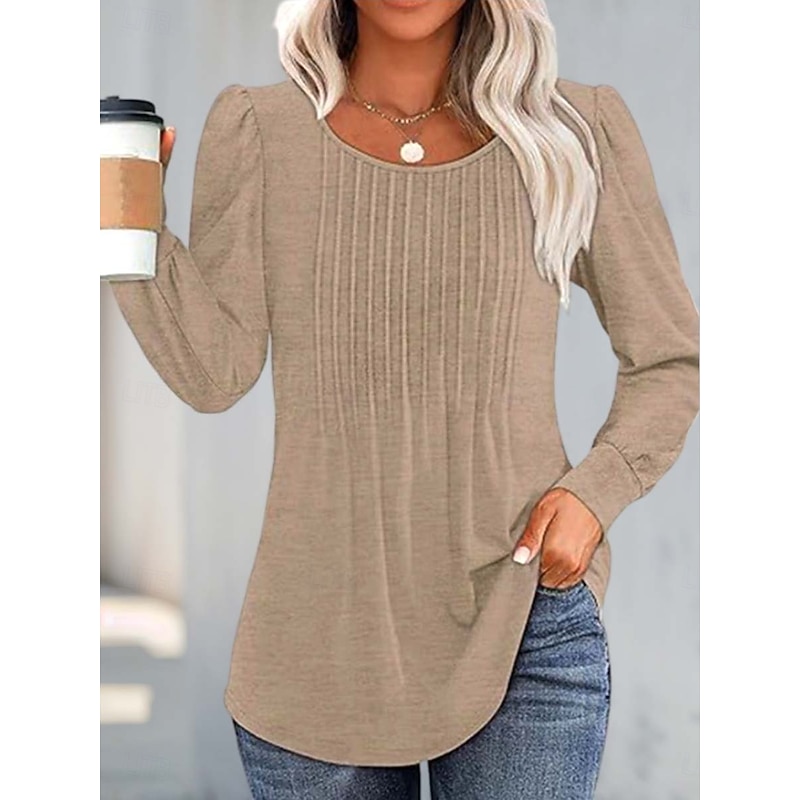 Women's Shirt Blouse Solid Color Basic Casual Long Sleeve Crew Neck Regular Tops Daily Ruched Black White Pink Wine Blue Summer Spring