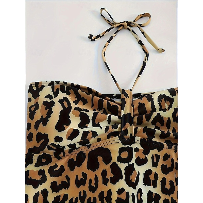Women's Swimwear Bikini 2 Piece Cheeky Swimsuit Backless Slim Vacation Beach Wear Leopard Halter Neck Sleeveless Bathing Suits3